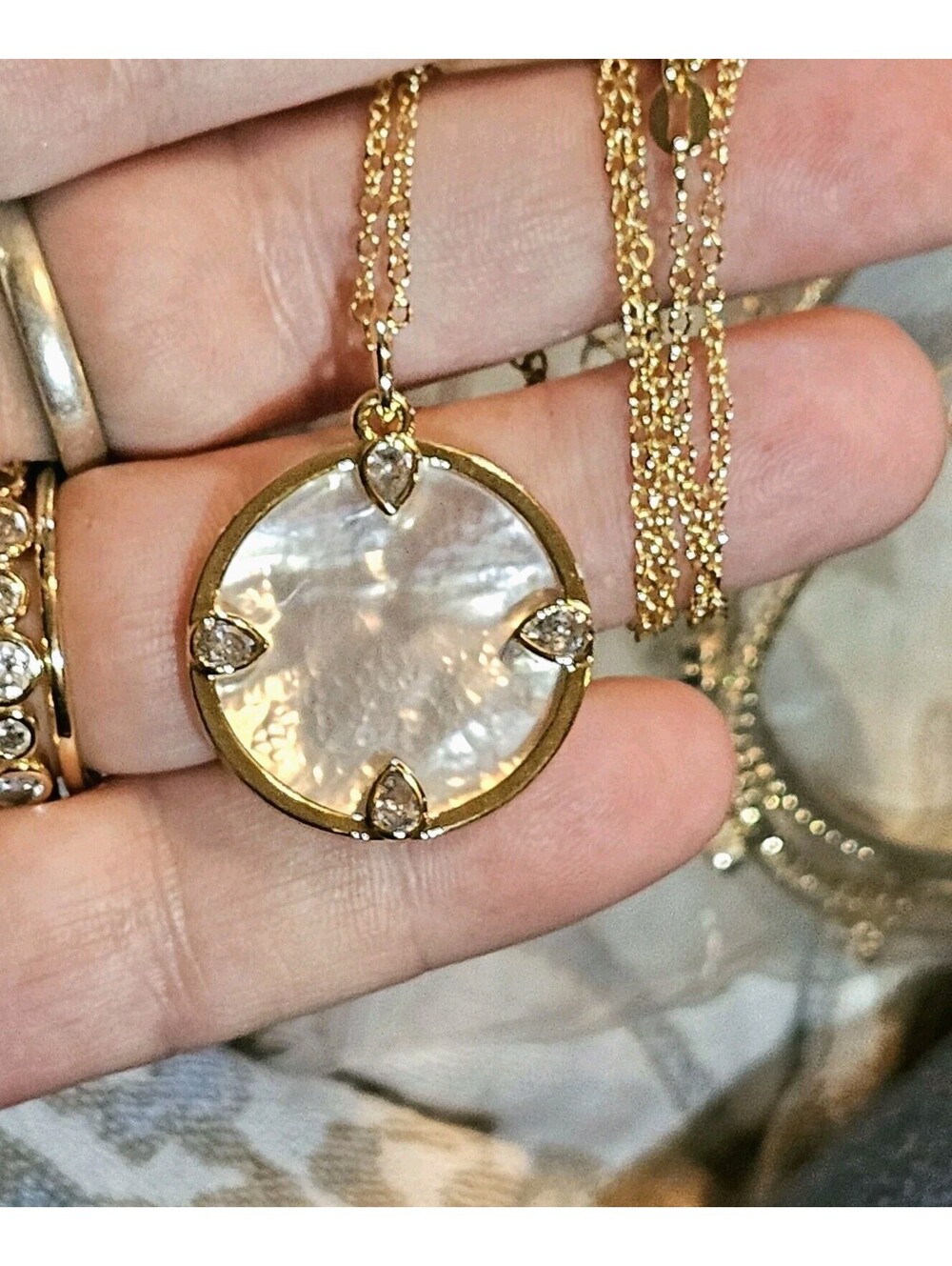 14k Gold-plated Mother of Pearl Pendant Adjustable 17" Necklace MOP CZ NWOT - Picture 2 of 5